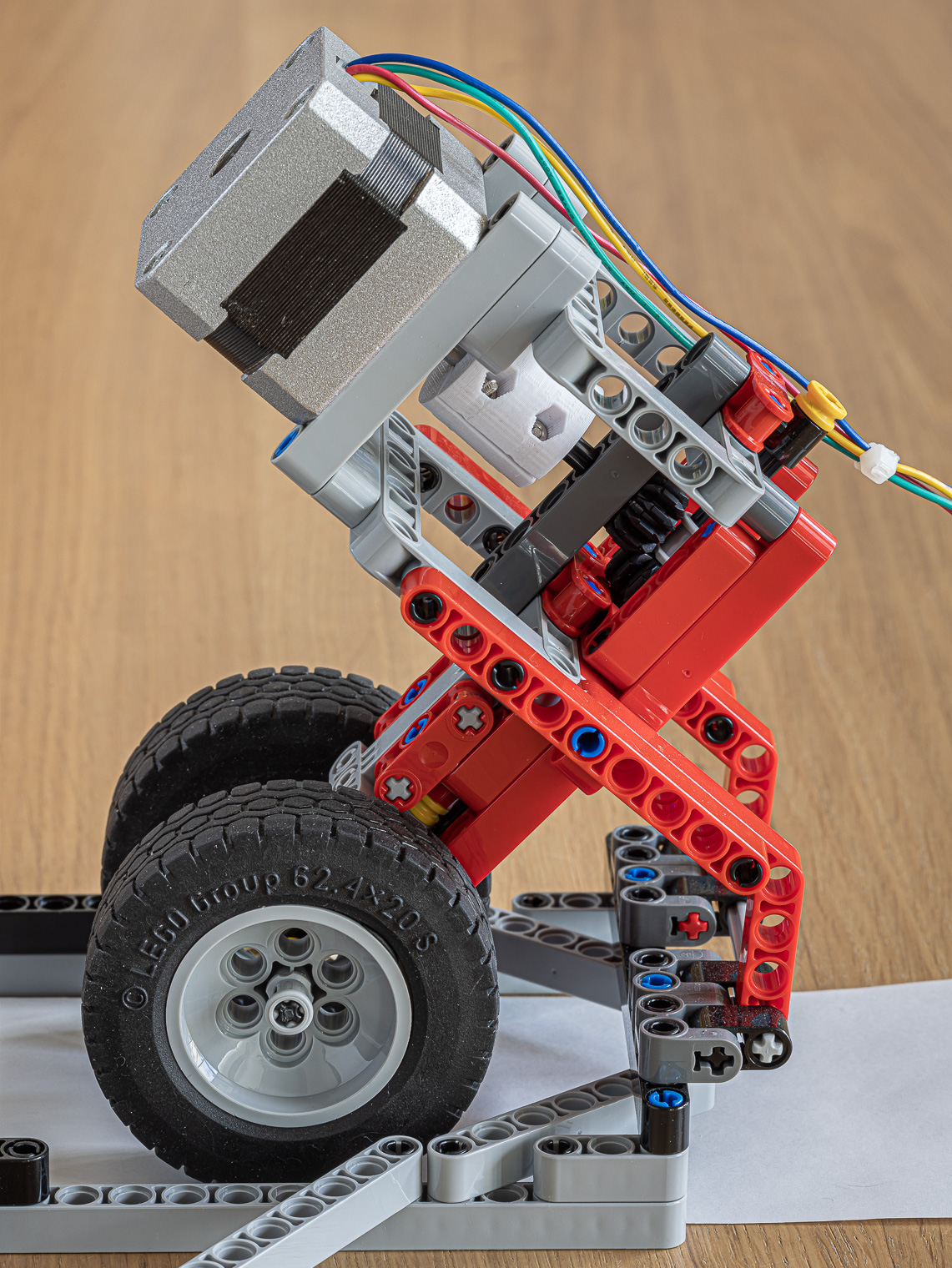 close-up photograph of the motor-feeder lego assembly