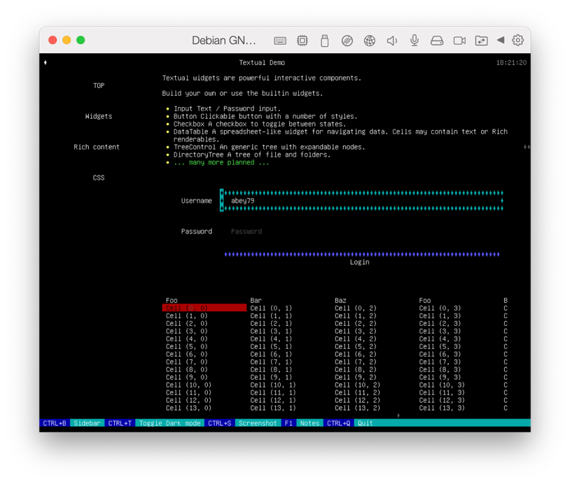 `python -m textual` running with the Linux console on a Debian VM